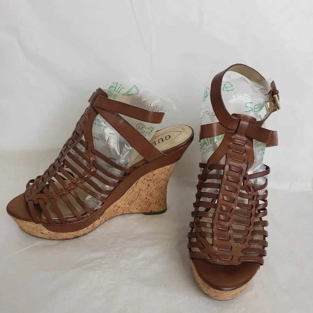 Guess Cage Gladiator Platform Cork Wedge Sandals 9.5 EUC Brown Natural
